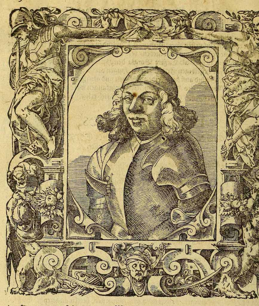 An illustration from Bildnisse viler zum Theyle vou [sic] vralten, zum Theyle von newlichern Zeiten her, Kriegs vnd anderer weltlicher Hänndel halben, bej Christen vnnd Vnchristen gewesener berühmter Keyser, Könige, Fürsten, Grauen vnd Edeln, in massen dieselbige Paulus Iouius, vorweilen Bischoff von Nocera, durch allerley Gelegenheyt zusammen gebracht, vnd in seiner Bibliotheca oder Librareje zu Newen Como abgemalt hinderlassen. : Mit kurtzverfassten Beschreibungen jhres jedes geführten Lebens vnd Wesens, dardurch sie fürnemlich in Gutem oder Bösem bekannt vnd namhafftig worden, etlicher massen aus Pauli Iouij, vnd gleichwol mehrern theyls, aus andern in latinischer, italianischer, franzosischer, spanischer vnnd teutscher Sprache aussgangenen Chronicken vnd Historien zum fleissigsten erklärt, vnd jetz erstlich in offenen Truck verordnet:, 1582, leaf 170