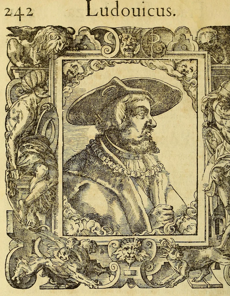 An illustration from Bildnisse viler zum Theyle vou [sic] vralten, zum Theyle von newlichern Zeiten her, Kriegs vnd anderer weltlicher Hänndel halben, bej Christen vnnd Vnchristen gewesener berühmter Keyser, Könige, Fürsten, Grauen vnd Edeln, in massen dieselbige Paulus Iouius, vorweilen Bischoff von Nocera, durch allerley Gelegenheyt zusammen gebracht, vnd in seiner Bibliotheca oder Librareje zu Newen Como abgemalt hinderlassen. : Mit kurtzverfassten Beschreibungen jhres jedes geführten Lebens vnd Wesens, dardurch sie fürnemlich in Gutem oder Bösem bekannt vnd namhafftig worden, etlicher massen aus Pauli Iouij, vnd gleichwol mehrern theyls, aus andern in latinischer, italianischer, franzosischer, spanischer vnnd teutscher Sprache aussgangenen Chronicken vnd Historien zum fleissigsten erklärt, vnd jetz erstlich in offenen Truck verordnet:, 1582, leaf 262