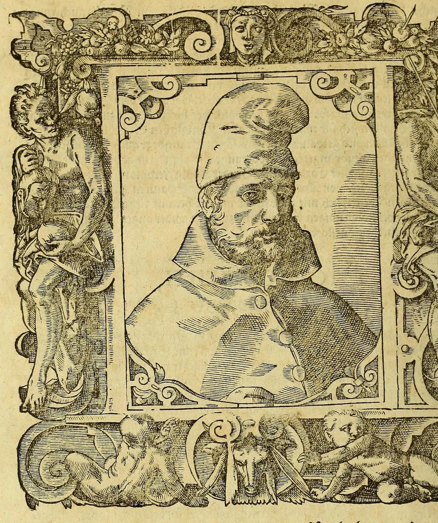 An illustration from Bildnisse viler zum Theyle vou [sic] vralten, zum Theyle von newlichern Zeiten her, Kriegs vnd anderer weltlicher Hänndel halben, bej Christen vnnd Vnchristen gewesener berühmter Keyser, Könige, Fürsten, Grauen vnd Edeln, in massen dieselbige Paulus Iouius, vorweilen Bischoff von Nocera, durch allerley Gelegenheyt zusammen gebracht, vnd in seiner Bibliotheca oder Librareje zu Newen Como abgemalt hinderlassen. : Mit kurtzverfassten Beschreibungen jhres jedes geführten Lebens vnd Wesens, dardurch sie fürnemlich in Gutem oder Bösem bekannt vnd namhafftig worden, etlicher massen aus Pauli Iouij, vnd gleichwol mehrern theyls, aus andern in latinischer, italianischer, franzosischer, spanischer vnnd teutscher Sprache aussgangenen Chronicken vnd Historien zum fleissigsten erklärt, vnd jetz erstlich in offenen Truck verordnet:, 1582, leaf 288