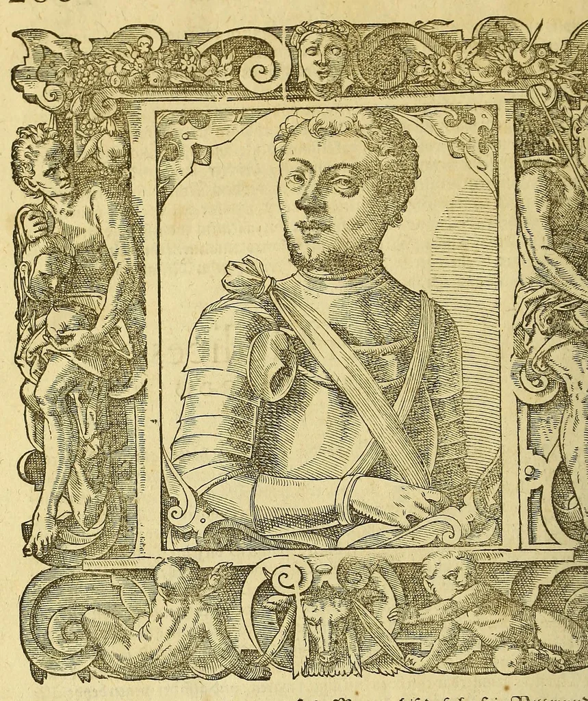 An illustration from Bildnisse viler zum Theyle vou [sic] vralten, zum Theyle von newlichern Zeiten her, Kriegs vnd anderer weltlicher Hänndel halben, bej Christen vnnd Vnchristen gewesener berühmter Keyser, Könige, Fürsten, Grauen vnd Edeln, in massen dieselbige Paulus Iouius, vorweilen Bischoff von Nocera, durch allerley Gelegenheyt zusammen gebracht, vnd in seiner Bibliotheca oder Librareje zu Newen Como abgemalt hinderlassen. : Mit kurtzverfassten Beschreibungen jhres jedes geführten Lebens vnd Wesens, dardurch sie fürnemlich in Gutem oder Bösem bekannt vnd namhafftig worden, etlicher massen aus Pauli Iouij, vnd gleichwol mehrern theyls, aus andern in latinischer, italianischer, franzosischer, spanischer vnnd teutscher Sprache aussgangenen Chronicken vnd Historien zum fleissigsten erklärt, vnd jetz erstlich in offenen Truck verordnet:, 1582, leaf 308