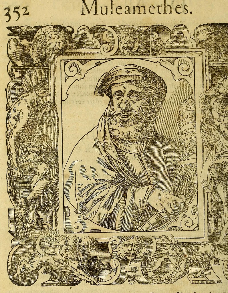 An illustration from Bildnisse viler zum Theyle vou [sic] vralten, zum Theyle von newlichern Zeiten her, Kriegs vnd anderer weltlicher Hänndel halben, bej Christen vnnd Vnchristen gewesener berühmter Keyser, Könige, Fürsten, Grauen vnd Edeln, in massen dieselbige Paulus Iouius, vorweilen Bischoff von Nocera, durch allerley Gelegenheyt zusammen gebracht, vnd in seiner Bibliotheca oder Librareje zu Newen Como abgemalt hinderlassen. : Mit kurtzverfassten Beschreibungen jhres jedes geführten Lebens vnd Wesens, dardurch sie fürnemlich in Gutem oder Bösem bekannt vnd namhafftig worden, etlicher massen aus Pauli Iouij, vnd gleichwol mehrern theyls, aus andern in latinischer, italianischer, franzosischer, spanischer vnnd teutscher Sprache aussgangenen Chronicken vnd Historien zum fleissigsten erklärt, vnd jetz erstlich in offenen Truck verordnet:, 1582, leaf 372