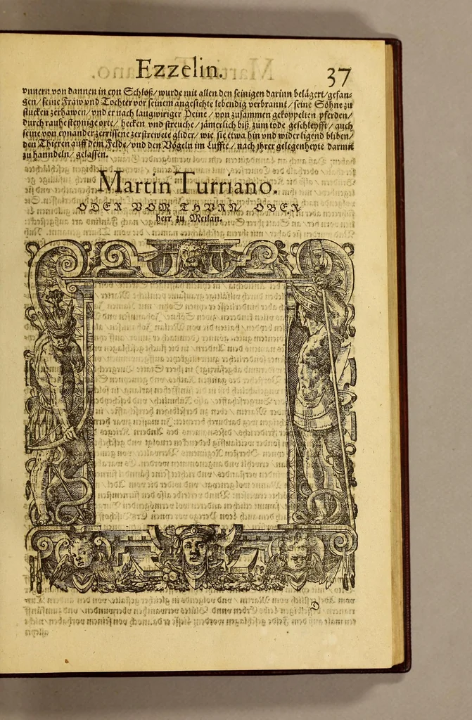 An illustration from Bildnisse viler zum Theyle vou [sic] vralten, zum Theyle von newlichern Zeiten her, Kriegs vnd anderer weltlicher Hänndel halben, bej Christen vnnd Vnchristen gewesener berühmter Keyser, Könige, Fürsten, Grauen vnd Edeln, in massen dieselbige Paulus Iouius, vorweilen Bischoff von Nocera, durch allerley Gelegenheyt zusammen gebracht, vnd in seiner Bibliotheca oder Librareje zu Newen Como abgemalt hinderlassen. : Mit kurtzverfassten Beschreibungen jhres jedes geführten Lebens vnd Wesens, dardurch sie fürnemlich in Gutem oder Bösem bekannt vnd namhafftig worden, etlicher massen aus Pauli Iouij, vnd gleichwol mehrern theyls, aus andern in latinischer, italianischer, franzosischer, spanischer vnnd teutscher Sprache aussgangenen Chronicken vnd Historien zum fleissigsten erklärt, vnd jetz erstlich in offenen Truck verordnet:, 1582, leaf 57
