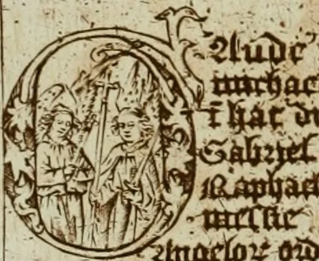An illustration from A biographical dictionary : containing an historical account of all the engravers, from the earliest period of the art of engraving to the present time : and a short list of their most esteemed works : with the cyphers, monograms, and particular marks, used by each master, accurately copied from the originals, and properly explained : to which is prefixed, an essay on the rise and progress of the art of engraving, both on copper and on wood : with several curious specimens of the performances of the most ancient artists, 1785, leaf 43