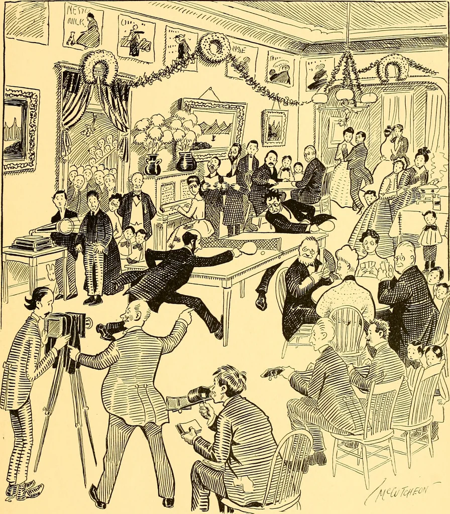 An illustration from Bird Center cartoons, a chronicle of social happenings at Bird Center, Illinois; pictures and text, 1904, leaf 174