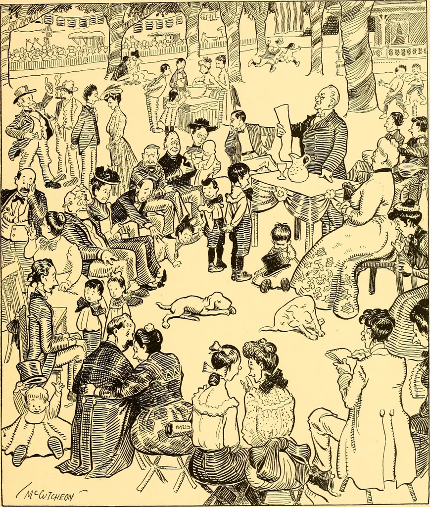 An illustration from Bird Center cartoons, a chronicle of social happenings at Bird Center, Illinois; pictures and text, 1904, leaf 18