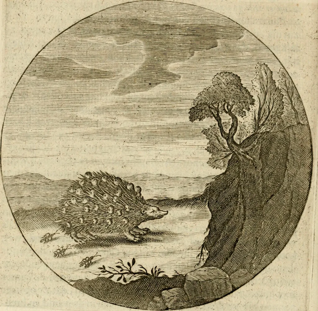 An illustration from Bloemhof der doorluchtige voorbeelden, daer in door ware, vreemde en deftige geschiedenissen, leeringen en eygenschappen, alles dat de mensch tot nut en vermaek verstrekken kan, te bemerken is : uit de schriften van Philippus Camerarius, Michiel de Montanje en andere schrijvers getrokken en vertaelt, 1647, leaf 121