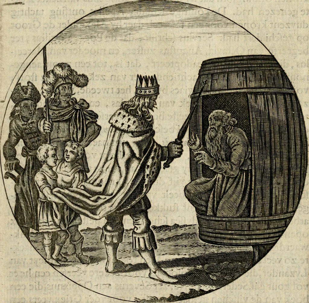 An illustration from Bloemhof der doorluchtige voorbeelden, daer in door ware, vreemde en deftige geschiedenissen, leeringen en eygenschappen, alles dat de mensch tot nut en vermaek verstrekken kan, te bemerken is : uit de schriften van Philippus Camerarius, Michiel de Montanje en andere schrijvers getrokken en vertaelt, 1647, leaf 26