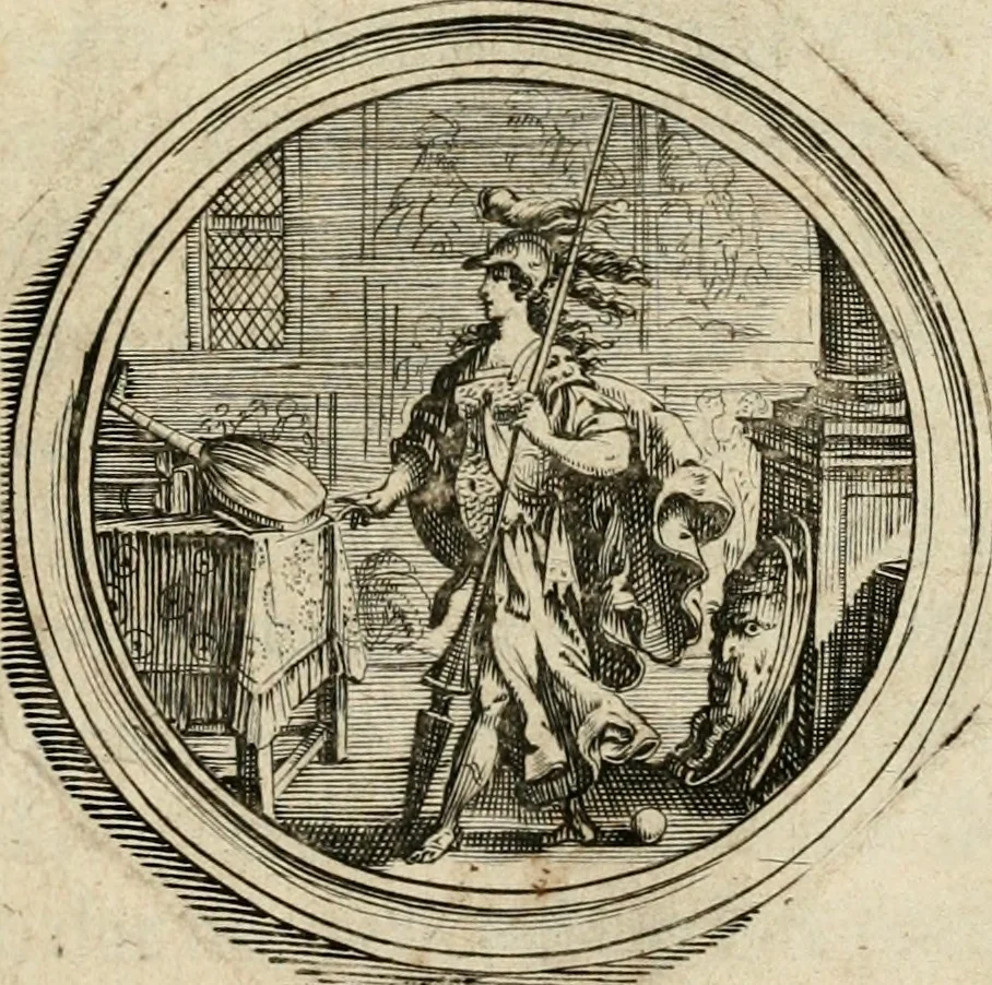 An illustration from Bloemhof der doorluchtige voorbeelden, daer in door ware, vreemde en deftige geschiedenissen, leeringen en eygenschappen, alles dat de mensch tot nut en vermaek verstrekken kan, te bemerken is : uit de schriften van Philippus Camerarius, Michiel de Montanje en andere schrijvers getrokken en vertaelt, 1647, leaf 6