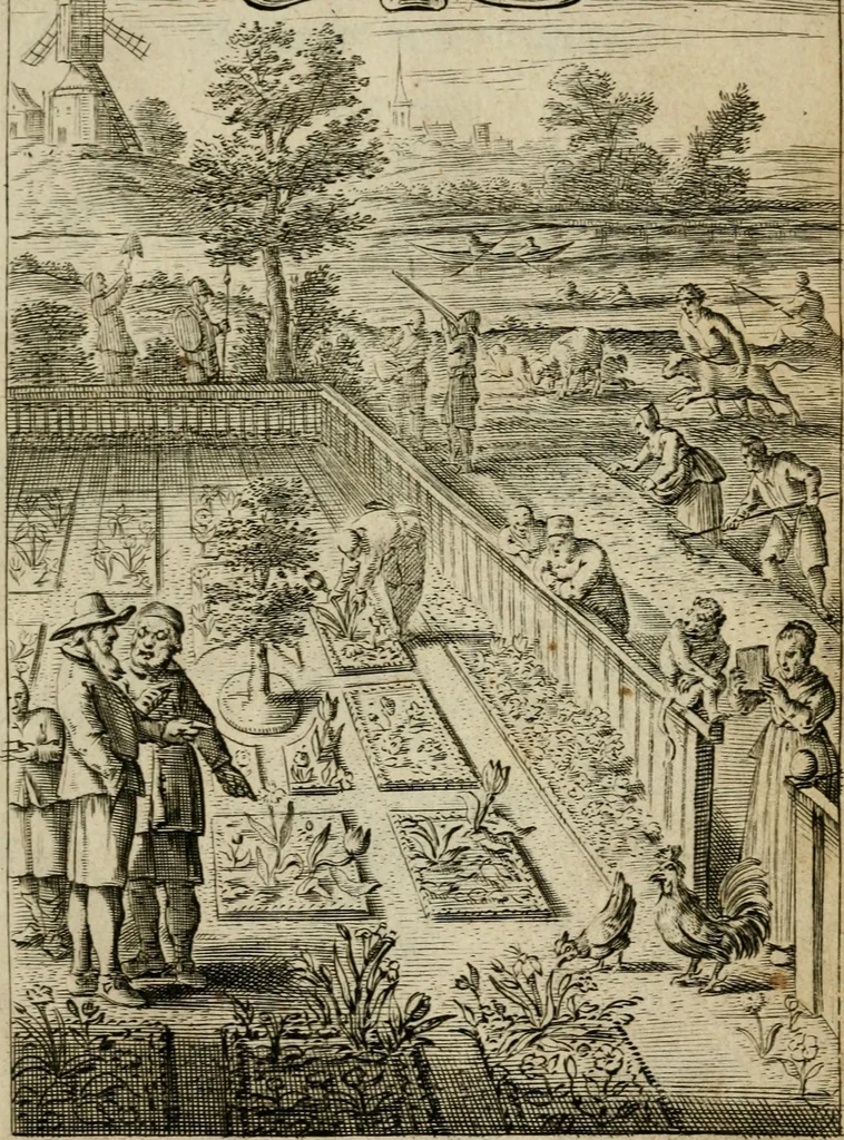 An illustration from Bloem-tuintje : bestaande in twee deelen : het eerste in innerlyke bedenkingen, en geleikenissen, het tweede in eenige zang- en lees-rymen, 1724, leaf 6