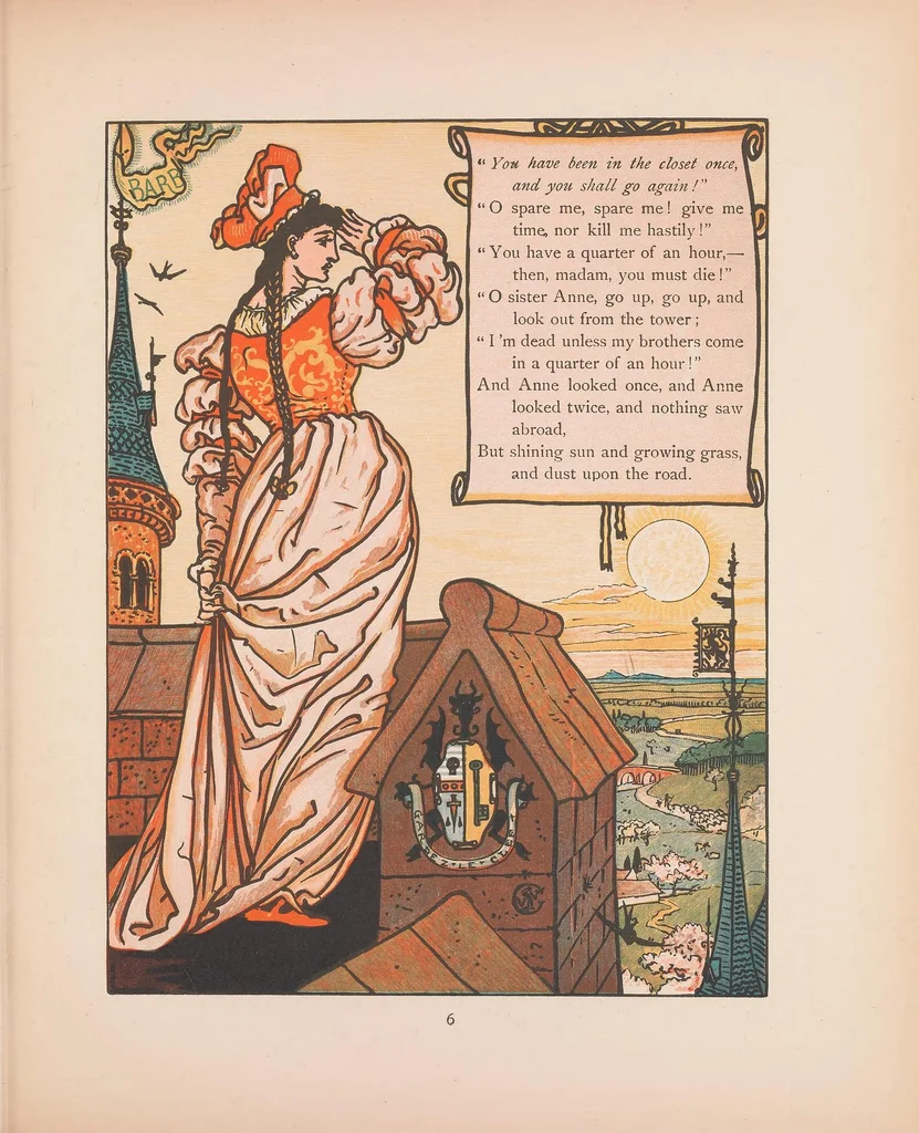 An illustration from Bluebeard's picture book : containing Bluebeard, The sleeping beauty, and Baby's own alphabet : with the original coloured designs, 1899, leaf 23