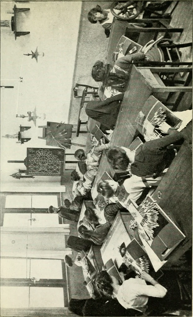 An illustration from Bobbins of Belgium; a book of Belgian lace, lace-workers, lace-schools and lace-villages, 1920, leaf 180