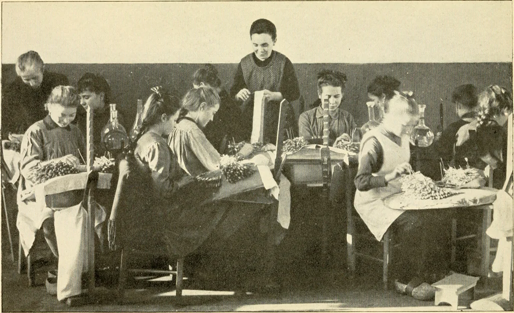An illustration from Bobbins of Belgium; a book of Belgian lace, lace-workers, lace-schools and lace-villages, 1920, leaf 76