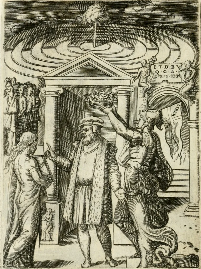 An illustration from Achillis Bocchii Bonon. Symbolicarvm quaestionvm de vniverso genere qvas serio lvdebat libri qvinqve, 1555, leaf 353