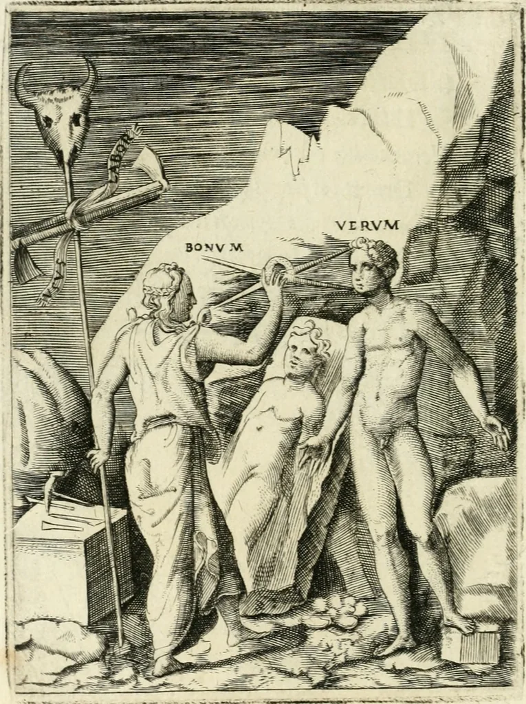 An illustration from Achillis Bocchii Bonon. Symbolicarvm quaestionvm de vniverso genere qvas serio lvdebat libri qvinqve, 1555, leaf 97