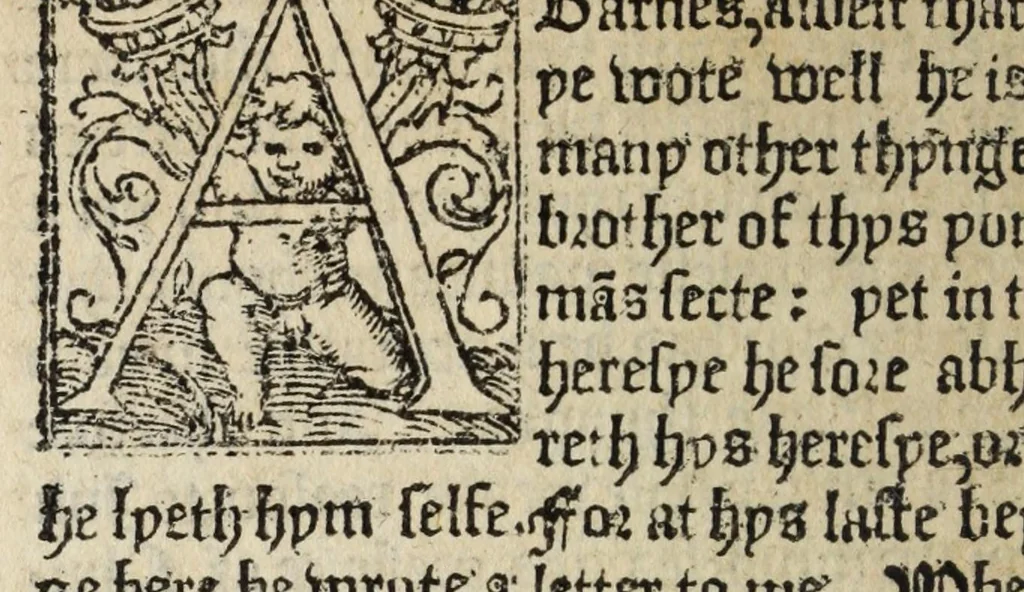 An illustration from A boke made by Iohn Fryth prysoner in the Tower of London : answerynge vnto M. Mores letter, which he wrote agaynst the fyrste lytle treatyse that Iohn Fryth made concernynge the sacramente of the body and bloode of Christ : vnto whiche boke are added in the ende the artycles of hys examynacyon before the byshoppes ... for whyche Iohn Fryth was condempned and after brente ... the fourth daye of Iuly. anno. 1533, 1546, leaf 166