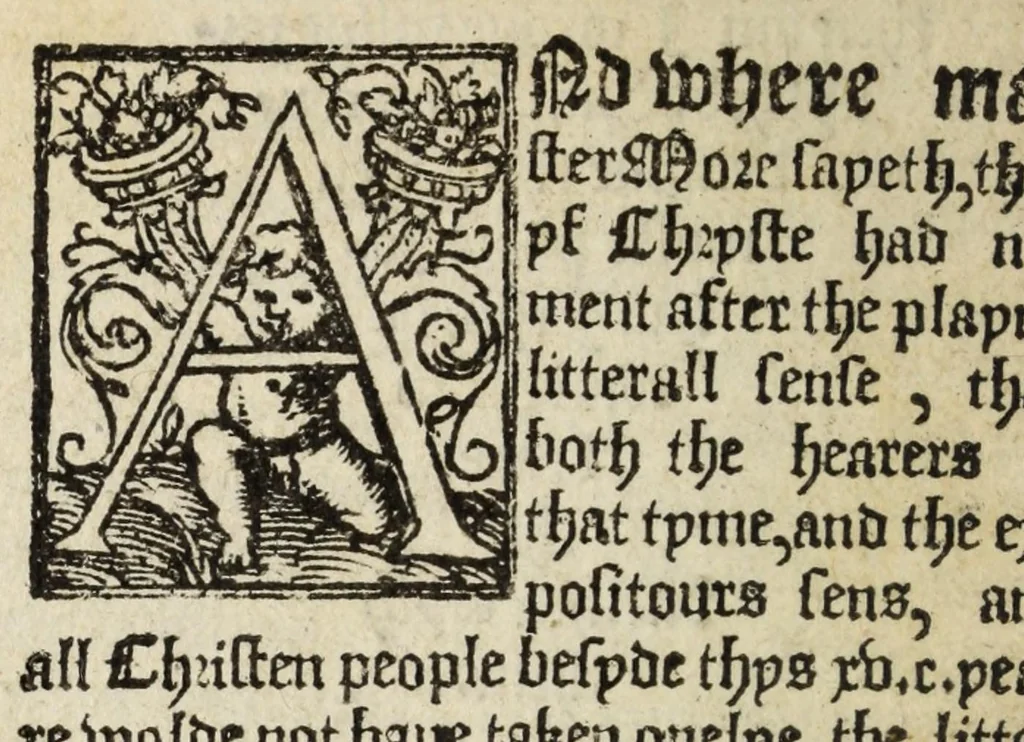 An illustration from A boke made by Iohn Fryth prysoner in the Tower of London : answerynge vnto M. Mores letter, which he wrote agaynst the fyrste lytle treatyse that Iohn Fryth made concernynge the sacramente of the body and bloode of Christ : vnto whiche boke are added in the ende the artycles of hys examynacyon before the byshoppes ... for whyche Iohn Fryth was condempned and after brente ... the fourth daye of Iuly. anno. 1533, 1546, leaf 72