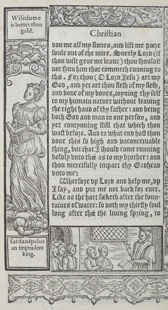 An illustration from A booke of Christian prayers, : collected out of the auncie[n]t writers, and best learned in our tyme, worthy to be read with an earnest mynde of all Christians, in these daungerous and troublesome dayes, that God for Christes sake will yet still be mercyfull vnto vs., 1578, leaf 150