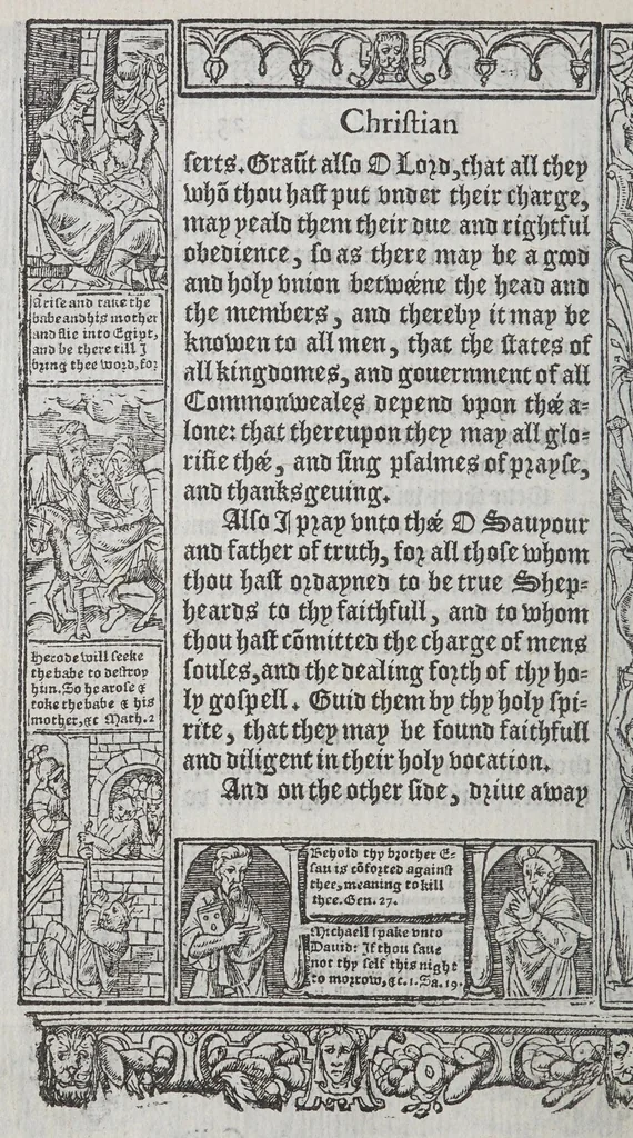 An illustration from A booke of Christian prayers, : collected out of the auncie[n]t writers, and best learned in our tyme, worthy to be read with an earnest mynde of all Christians, in these daungerous and troublesome dayes, that God for Christes sake will yet still be mercyfull vnto vs., 1578, leaf 64