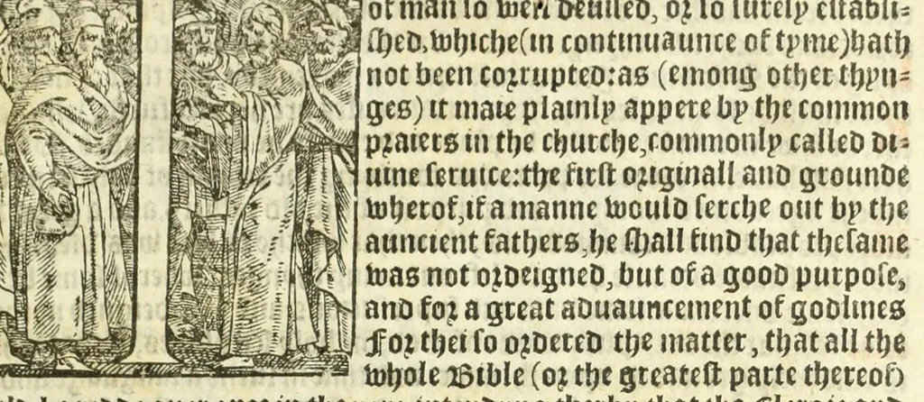 An illustration from The booke of the common praier and administracion of the sacramentes : and other rites and ceremonies of the Churche : after the use of the Churche of Englande, 1549, leaf 9