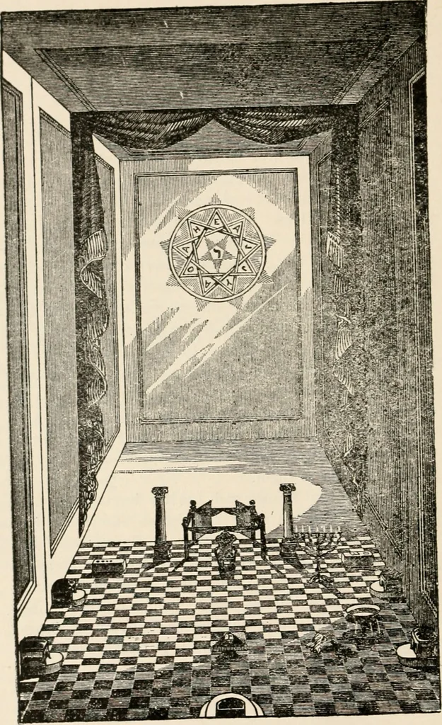 An illustration from The book of the ancient and accepted Scottish rite of freemasonry : containing instructions in all the degrees from the third to the thirty-third, and last degree of the rite : together with ceremonies of inauguration ... etc., 1914, leaf 43