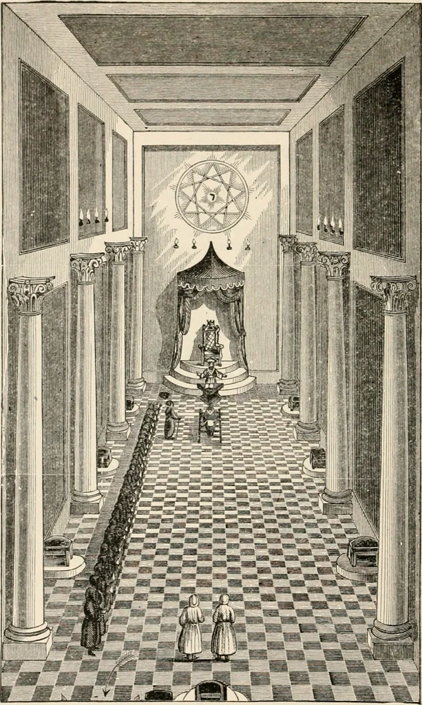 An illustration from The book of the ancient and accepted Scottish rite of freemasonry : containing instructions in all the degrees from the third to the thirty-third, and last degree of the rite : together with ceremonies of inauguration ... etc., 1914, leaf 61
