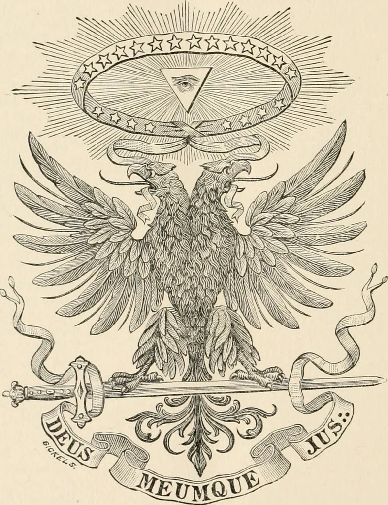 An illustration from The book of the ancient and accepted Scottish rite of freemasonry : containing instructions in all the degrees from the third to the thirty-third, and last degree of the rite : together with ceremonies of inauguration ... etc., 1914, leaf 689