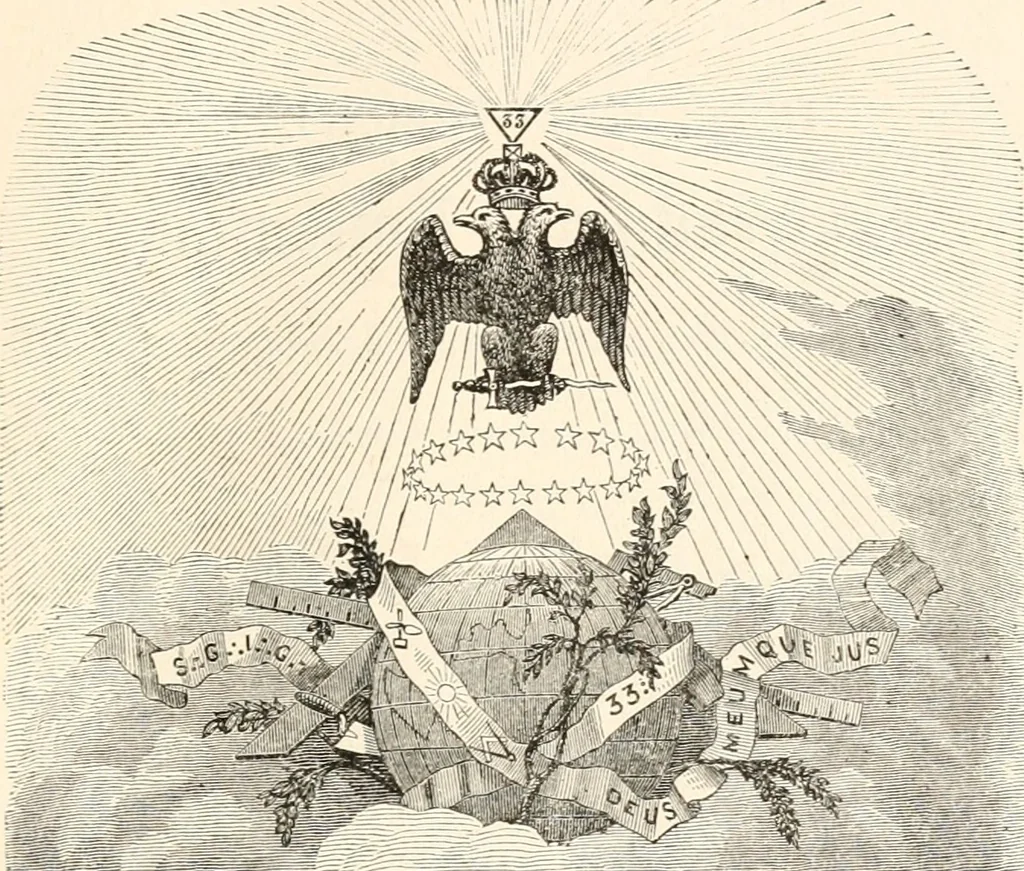 An illustration from The book of the ancient and accepted Scottish rite of freemasonry : containing instructions in all the degrees from the third to the thirty-third, and last degree of the rite : together with ceremonies of inauguration ... etc., 1914, leaf 8