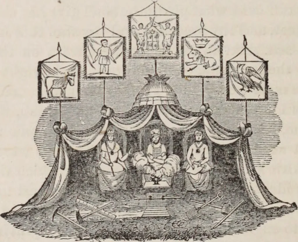 An illustration from The book of the chapter : or, Monitorial instructions, in the degrees of mark, past and most excellent master, and the holy Royal arch, 1865, leaf 135
