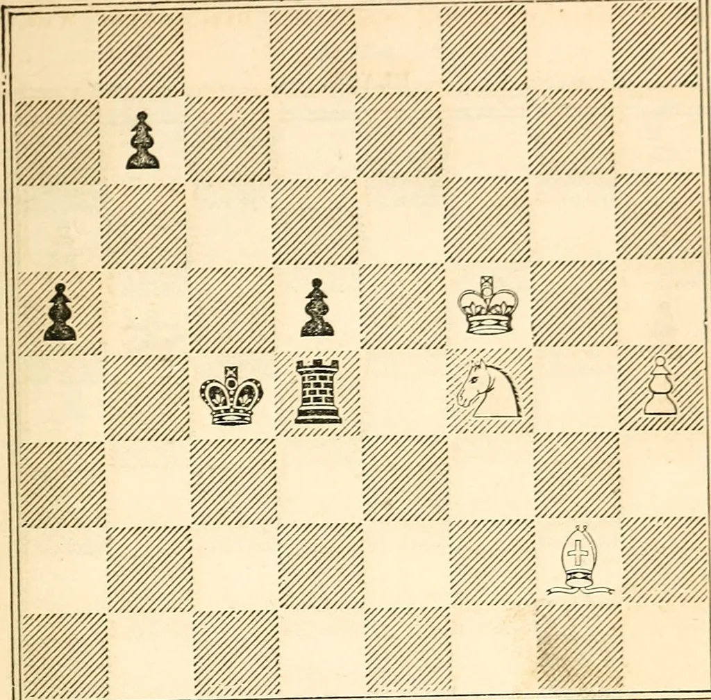 An illustration from The book of chess: containing the rudiments of the game, and elementary analyses of the most popular openings ; exemplified in games actually played by the greatest masters; including Staunton's analysis of the king's and queen's gambits, numerous positions and problems on diagrams, both original and selected; also a series of chess tales, with illustrations engraved from original designs ; the whole extracted and translated from the best sources, 1857, leaf 104