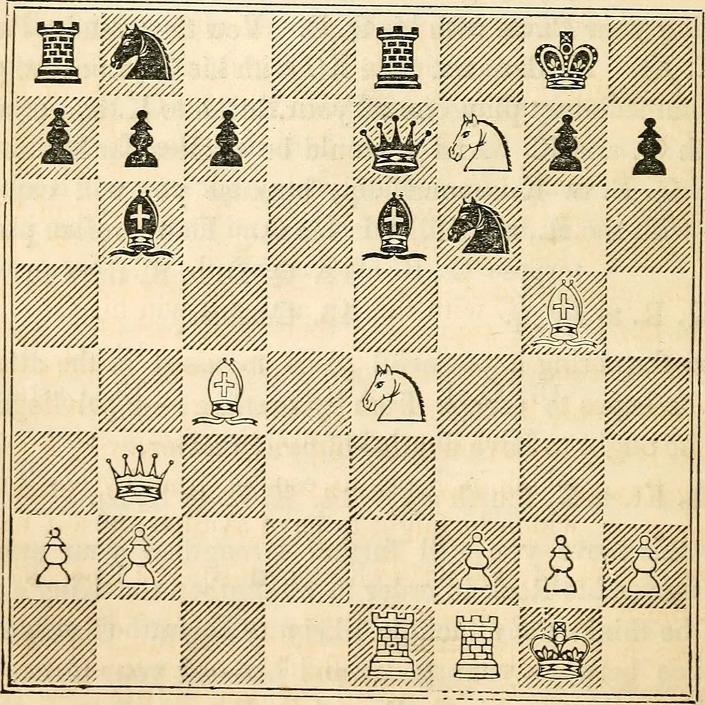 An illustration from The book of chess: containing the rudiments of the game, and elementary analyses of the most popular openings ; exemplified in games actually played by the greatest masters; including Staunton's analysis of the king's and queen's gambits, numerous positions and problems on diagrams, both original and selected; also a series of chess tales, with illustrations engraved from original designs ; the whole extracted and translated from the best sources, 1857, leaf 157