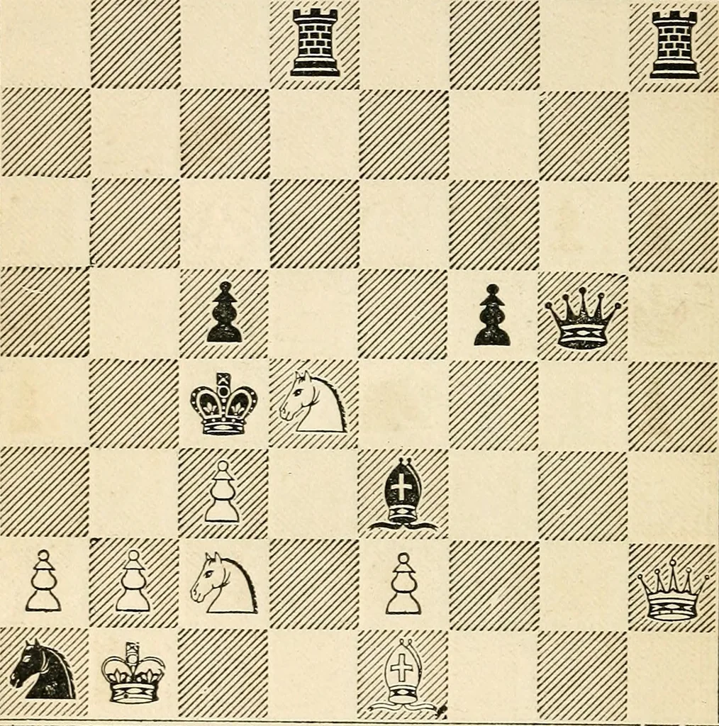An illustration from The book of chess: containing the rudiments of the game, and elementary analyses of the most popular openings ; exemplified in games actually played by the greatest masters; including Staunton's analysis of the king's and queen's gambits, numerous positions and problems on diagrams, both original and selected; also a series of chess tales, with illustrations engraved from original designs ; the whole extracted and translated from the best sources, 1857, leaf 191