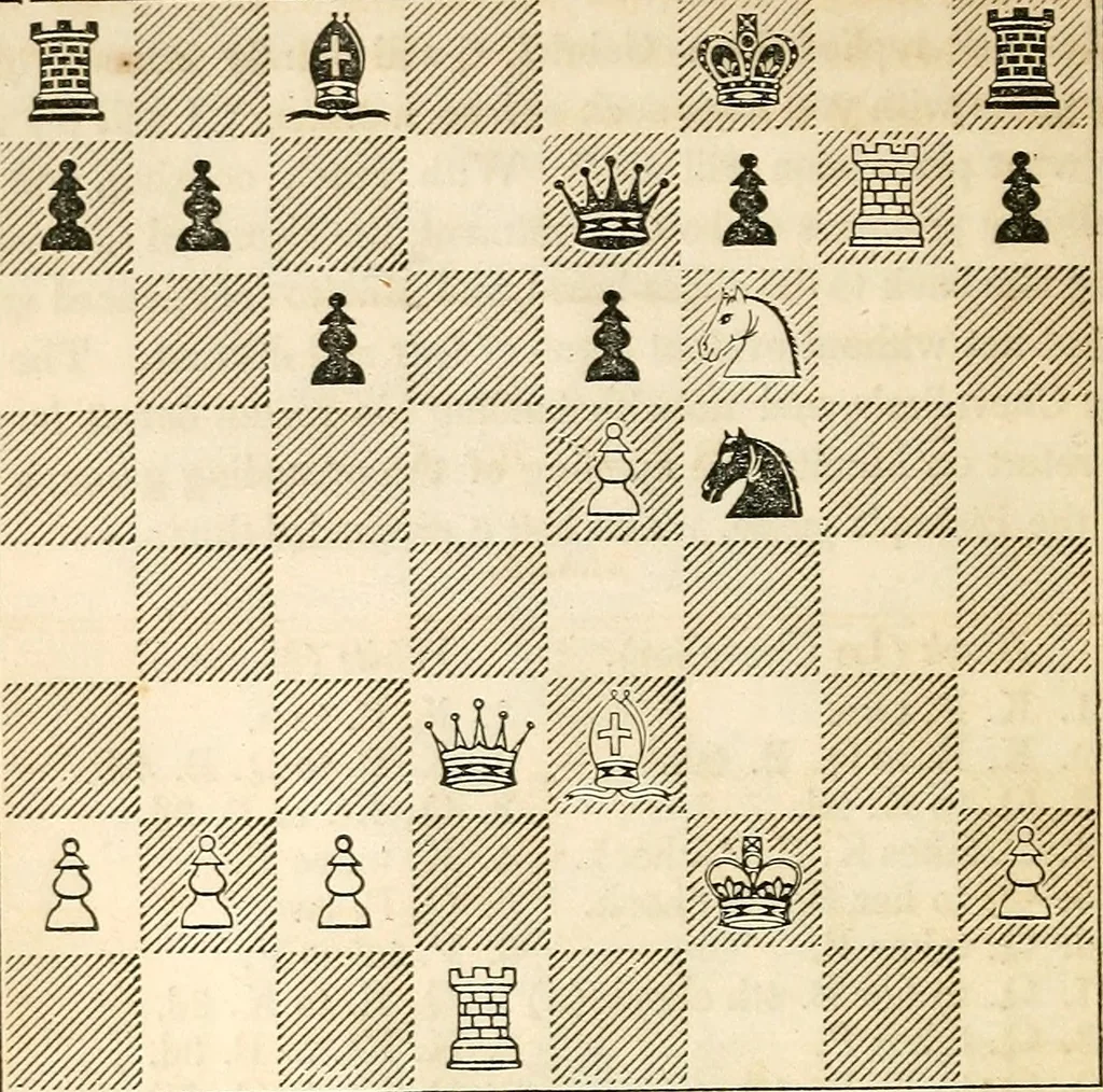 An illustration from The book of chess: containing the rudiments of the game, and elementary analyses of the most popular openings ; exemplified in games actually played by the greatest masters; including Staunton's analysis of the king's and queen's gambits, numerous positions and problems on diagrams, both original and selected; also a series of chess tales, with illustrations engraved from original designs ; the whole extracted and translated from the best sources, 1857, leaf 209
