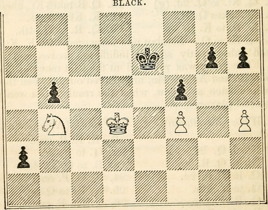 An illustration from The book of chess: containing the rudiments of the game, and elementary analyses of the most popular openings ; exemplified in games actually played by the greatest masters; including Staunton's analysis of the king's and queen's gambits, numerous positions and problems on diagrams, both original and selected; also a series of chess tales, with illustrations engraved from original designs ; the whole extracted and translated from the best sources, 1857, leaf 253