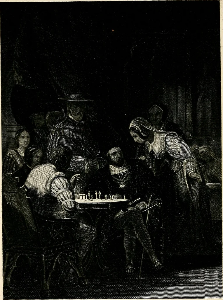 An illustration from The book of chess: containing the rudiments of the game, and elementary analyses of the most popular openings ; exemplified in games actually played by the greatest masters; including Staunton's analysis of the king's and queen's gambits, numerous positions and problems on diagrams, both original and selected; also a series of chess tales, with illustrations engraved from original designs ; the whole extracted and translated from the best sources, 1857, leaf 309