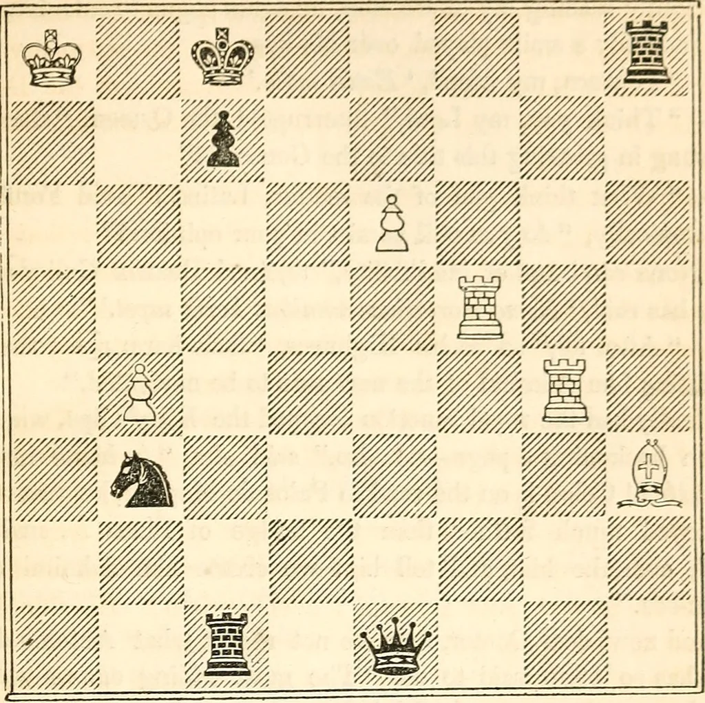 An illustration from The book of chess: containing the rudiments of the game, and elementary analyses of the most popular openings ; exemplified in games actually played by the greatest masters; including Staunton's analysis of the king's and queen's gambits, numerous positions and problems on diagrams, both original and selected; also a series of chess tales, with illustrations engraved from original designs ; the whole extracted and translated from the best sources, 1857, leaf 316