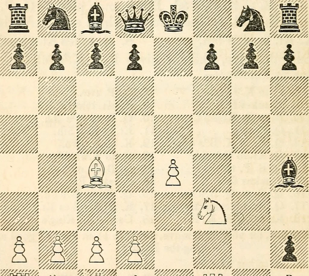 An illustration from The book of chess: containing the rudiments of the game, and elementary analyses of the most popular openings ; exemplified in games actually played by the greatest masters; including Staunton's analysis of the king's and queen's gambits, numerous positions and problems on diagrams, both original and selected; also a series of chess tales, with illustrations engraved from original designs ; the whole extracted and translated from the best sources, 1857, leaf 335
