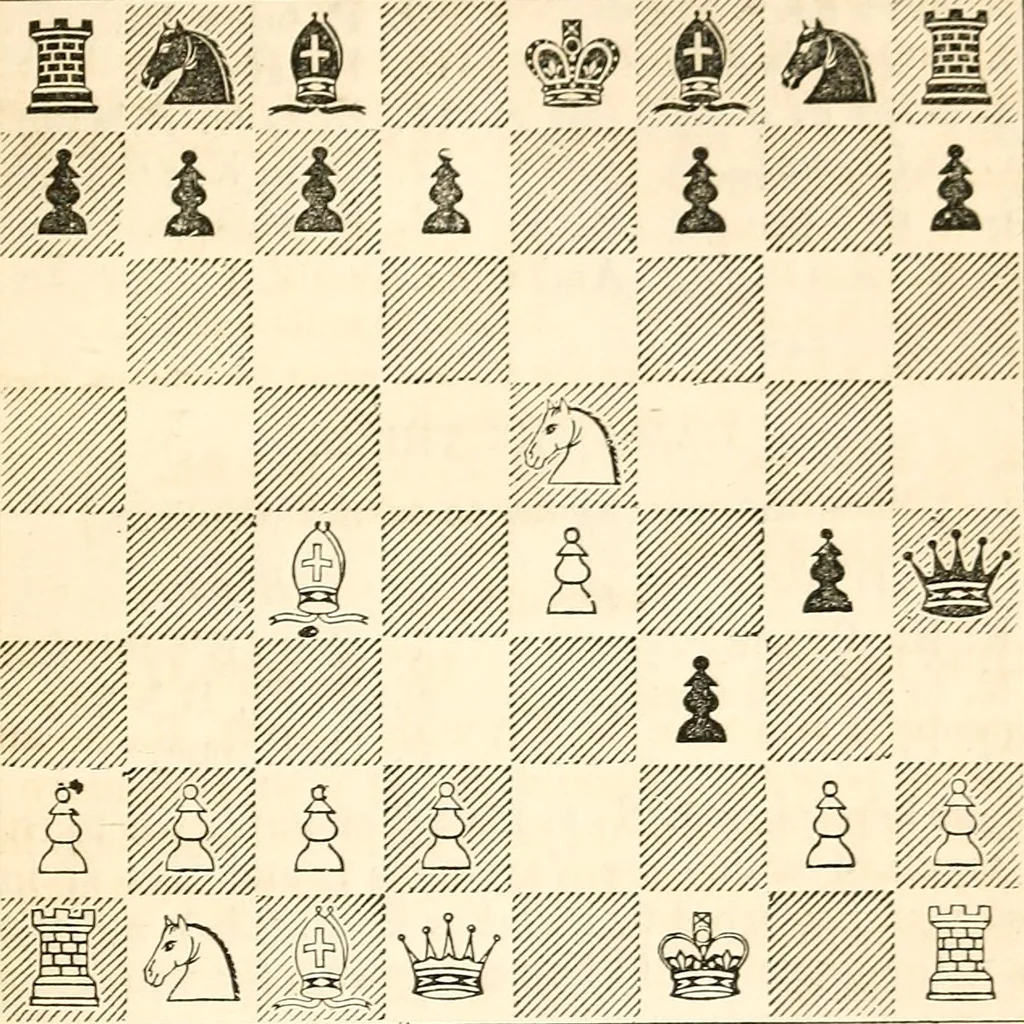 An illustration from The book of chess: containing the rudiments of the game, and elementary analyses of the most popular openings ; exemplified in games actually played by the greatest masters; including Staunton's analysis of the king's and queen's gambits, numerous positions and problems on diagrams, both original and selected; also a series of chess tales, with illustrations engraved from original designs ; the whole extracted and translated from the best sources, 1857, leaf 346