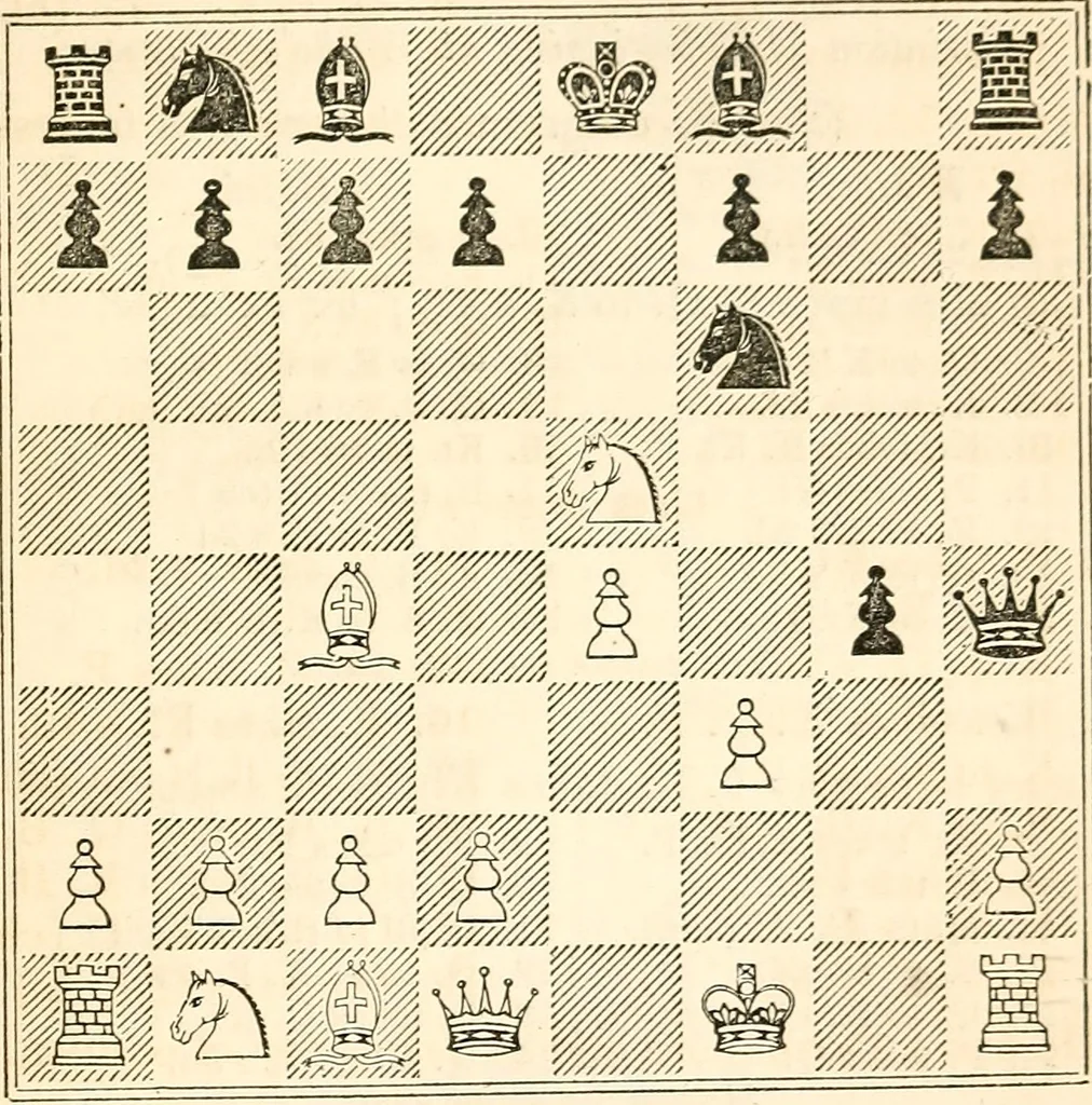An illustration from The book of chess: containing the rudiments of the game, and elementary analyses of the most popular openings ; exemplified in games actually played by the greatest masters; including Staunton's analysis of the king's and queen's gambits, numerous positions and problems on diagrams, both original and selected; also a series of chess tales, with illustrations engraved from original designs ; the whole extracted and translated from the best sources, 1857, leaf 350
