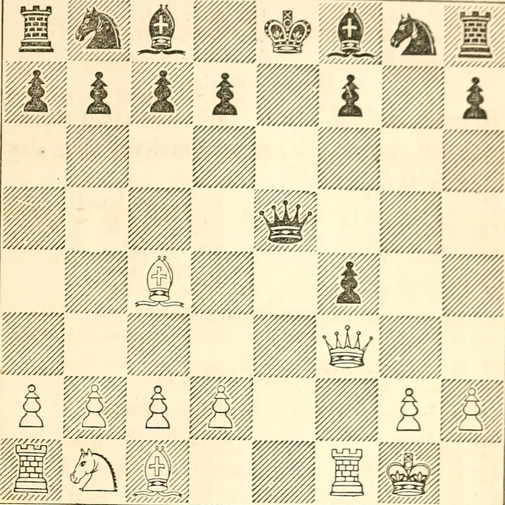 An illustration from The book of chess: containing the rudiments of the game, and elementary analyses of the most popular openings ; exemplified in games actually played by the greatest masters; including Staunton's analysis of the king's and queen's gambits, numerous positions and problems on diagrams, both original and selected; also a series of chess tales, with illustrations engraved from original designs ; the whole extracted and translated from the best sources, 1857, leaf 364