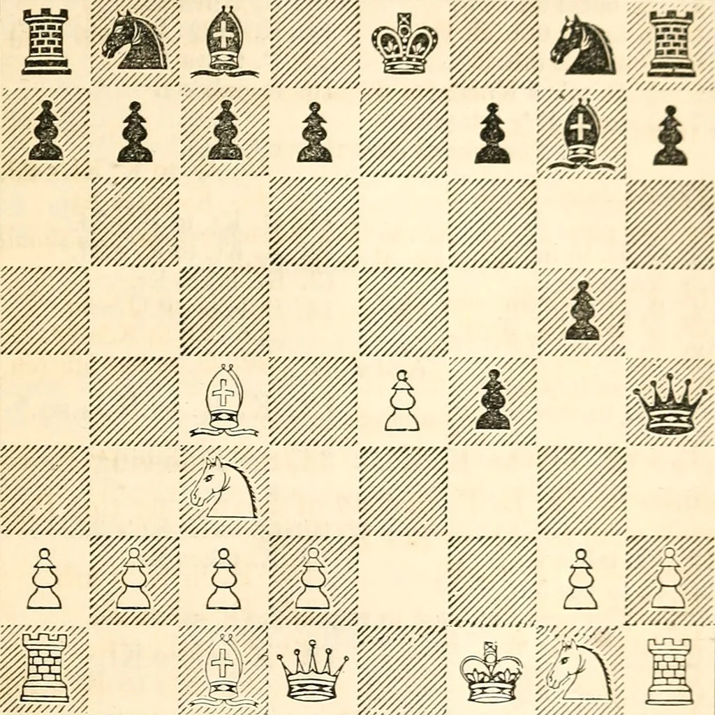 An illustration from The book of chess: containing the rudiments of the game, and elementary analyses of the most popular openings ; exemplified in games actually played by the greatest masters; including Staunton's analysis of the king's and queen's gambits, numerous positions and problems on diagrams, both original and selected; also a series of chess tales, with illustrations engraved from original designs ; the whole extracted and translated from the best sources, 1857, leaf 398