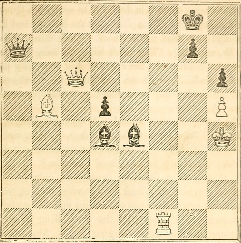 An illustration from The book of chess: containing the rudiments of the game, and elementary analyses of the most popular openings ; exemplified in games actually played by the greatest masters; including Staunton's analysis of the king's and queen's gambits, numerous positions and problems on diagrams, both original and selected; also a series of chess tales, with illustrations engraved from original designs ; the whole extracted and translated from the best sources, 1857, leaf 40