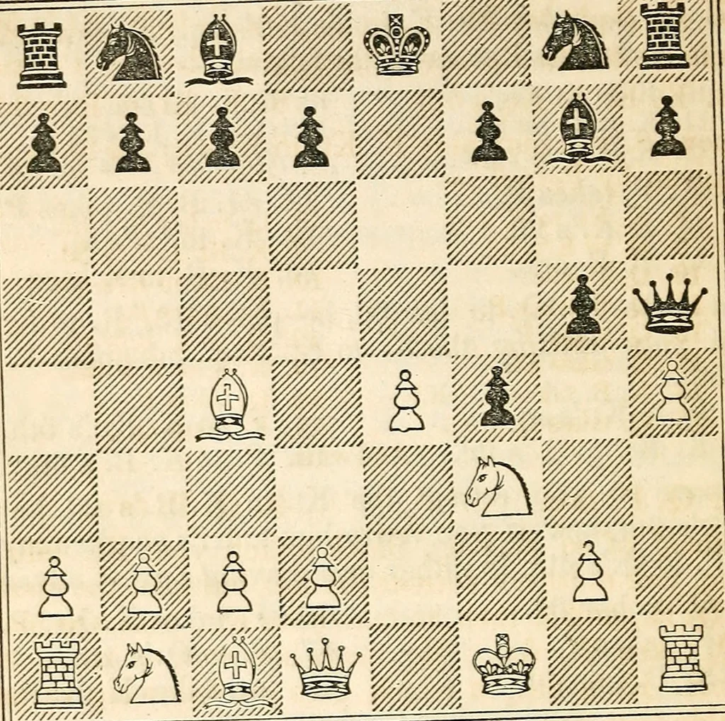 An illustration from The book of chess: containing the rudiments of the game, and elementary analyses of the most popular openings ; exemplified in games actually played by the greatest masters; including Staunton's analysis of the king's and queen's gambits, numerous positions and problems on diagrams, both original and selected; also a series of chess tales, with illustrations engraved from original designs ; the whole extracted and translated from the best sources, 1857, leaf 403