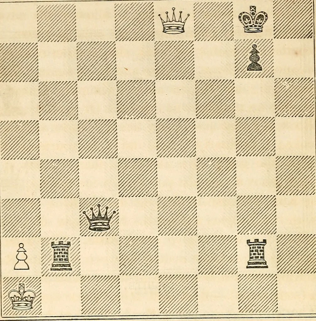 An illustration from The book of chess: containing the rudiments of the game, and elementary analyses of the most popular openings ; exemplified in games actually played by the greatest masters; including Staunton's analysis of the king's and queen's gambits, numerous positions and problems on diagrams, both original and selected; also a series of chess tales, with illustrations engraved from original designs ; the whole extracted and translated from the best sources, 1857, leaf 43