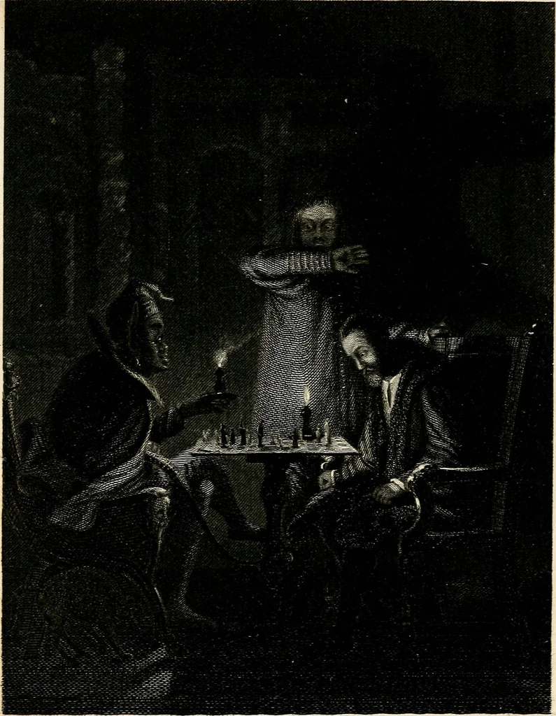 An illustration from The book of chess: containing the rudiments of the game, and elementary analyses of the most popular openings ; exemplified in games actually played by the greatest masters; including Staunton's analysis of the king's and queen's gambits, numerous positions and problems on diagrams, both original and selected; also a series of chess tales, with illustrations engraved from original designs ; the whole extracted and translated from the best sources, 1857, leaf 453