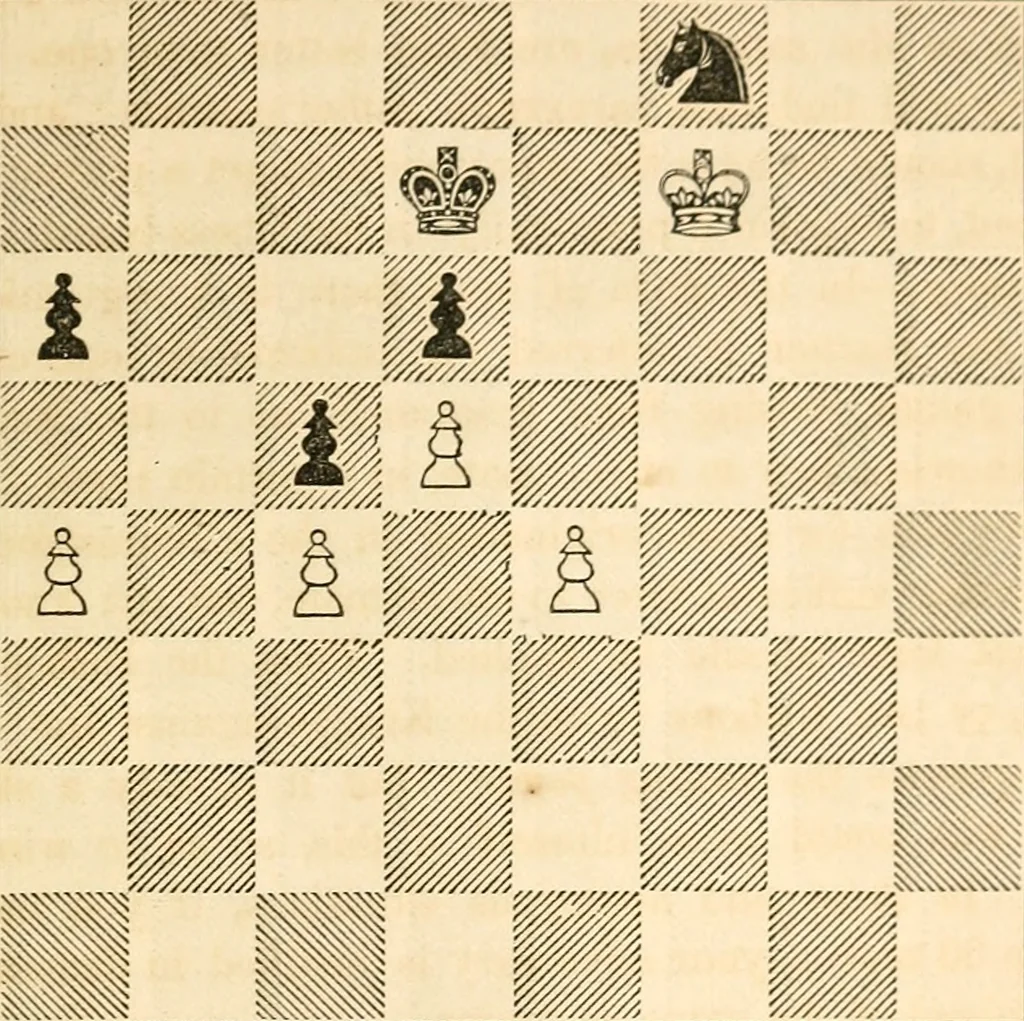 An illustration from The book of chess: containing the rudiments of the game, and elementary analyses of the most popular openings ; exemplified in games actually played by the greatest masters; including Staunton's analysis of the king's and queen's gambits, numerous positions and problems on diagrams, both original and selected; also a series of chess tales, with illustrations engraved from original designs ; the whole extracted and translated from the best sources, 1857, leaf 46