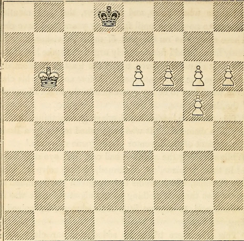 An illustration from The book of chess: containing the rudiments of the game, and elementary analyses of the most popular openings ; exemplified in games actually played by the greatest masters; including Staunton's analysis of the king's and queen's gambits, numerous positions and problems on diagrams, both original and selected; also a series of chess tales, with illustrations engraved from original designs ; the whole extracted and translated from the best sources, 1857, leaf 463