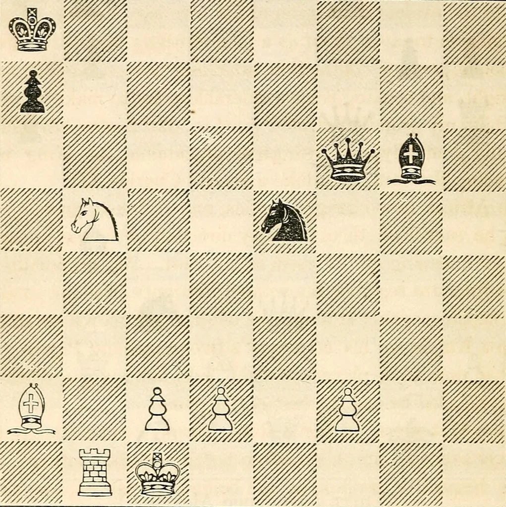 An illustration from The book of chess: containing the rudiments of the game, and elementary analyses of the most popular openings ; exemplified in games actually played by the greatest masters; including Staunton's analysis of the king's and queen's gambits, numerous positions and problems on diagrams, both original and selected; also a series of chess tales, with illustrations engraved from original designs ; the whole extracted and translated from the best sources, 1857, leaf 465