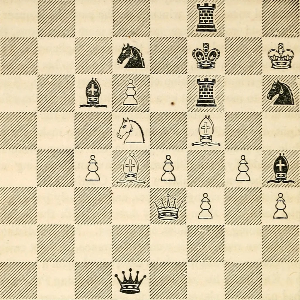 An illustration from The book of chess: containing the rudiments of the game, and elementary analyses of the most popular openings ; exemplified in games actually played by the greatest masters; including Staunton's analysis of the king's and queen's gambits, numerous positions and problems on diagrams, both original and selected; also a series of chess tales, with illustrations engraved from original designs ; the whole extracted and translated from the best sources, 1857, leaf 467