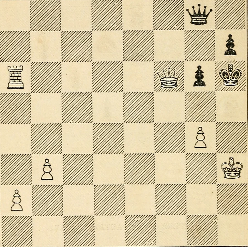 An illustration from The book of chess: containing the rudiments of the game, and elementary analyses of the most popular openings ; exemplified in games actually played by the greatest masters; including Staunton's analysis of the king's and queen's gambits, numerous positions and problems on diagrams, both original and selected; also a series of chess tales, with illustrations engraved from original designs ; the whole extracted and translated from the best sources, 1857, leaf 503