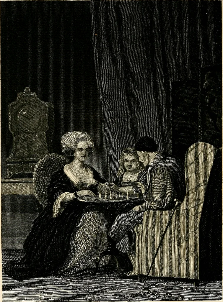 An illustration from The book of chess: containing the rudiments of the game, and elementary analyses of the most popular openings ; exemplified in games actually played by the greatest masters; including Staunton's analysis of the king's and queen's gambits, numerous positions and problems on diagrams, both original and selected; also a series of chess tales, with illustrations engraved from original designs ; the whole extracted and translated from the best sources, 1857, leaf 509